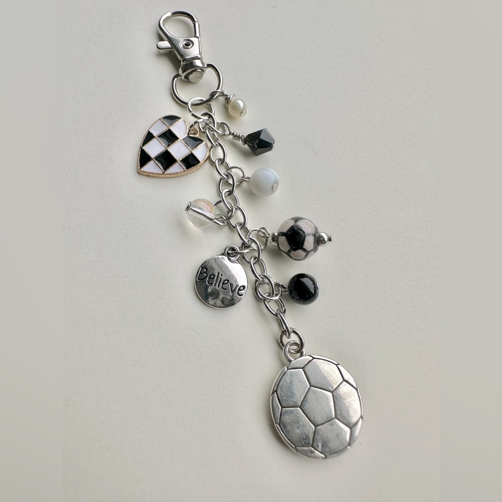 Soccer 4.5" Black & Silver Bag Charm Purse Backpack Accy. - Soccer lover gift